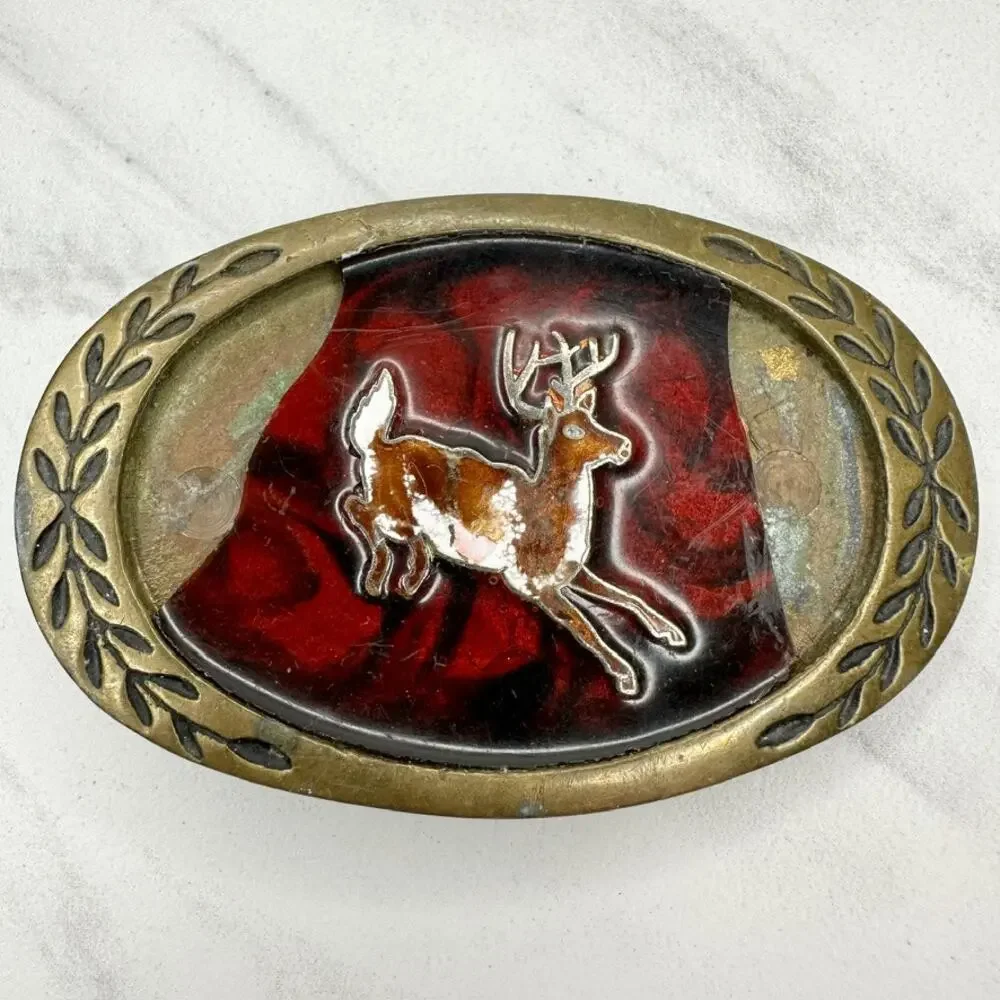 Vintage Aminco 1980 Solid Brass Deer Belt Buckle Red Black Enamel Oval Laurel ✨
